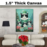 Adorable Christmas Tuxedo Cat Family in Green Santa Hats Surrounded by Gifts and a Festive Tree in a Whimsical Holiday Scene