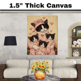Texudo Cat Oil Painting of Mother Cat and Three Kittens in Matching Yellow Pajamas with Hearts on Blue Background on Ready to Hang 1.5" Thick Canvas Wrap, Floating Framed Canvas, Flat Rolled Canvas