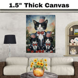 Mother Tuxedo Cat and Two Kittens in Patriotic Uncle Sam Outfits with American Flags and Red Bow Ties in Garden Setting on Ready to Hang 1.5" Thick Canvas Wrap, Floating Framed Canvas, Flat Rolled Canvas