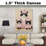 Mother Cat and Kittens in Mint Green Outfits with Pink Bows Hearts and Roses Whimsical Black and White Tuxedo Cat Family Portrait on Ready to Hang 1.5" Thick Canvas Wrap, Floating Framed Canvas, Flat Rolled Canvas