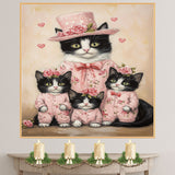Mother Cat and Kittens Dressed as Nurses with Red Cross Hats and White Uniforms Black and White Tuxedo Cat Family Portrait on Ready to Hang 1.5" Thick Canvas Wrap, Floating Framed Canvas, Flat Rolled Canvas