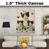 Mother Cat and Kittens in Pink Pajamas with Heart Hats and Floral Details Whimsical Black and White Tuxedo Cat Family on Ready to Hang 1.5" Thick Canvas Wrap, Floating Framed Canvas, Flat Rolled Canvas