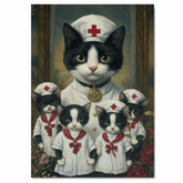 Whimsical Oil Painting of Mother Cat and Kittens in Green Outfits with Red Bows and Hearts on Beige Background for Cat Lovers on Ready to Hang 1.5" Thick Canvas Wrap, Floating Framed Canvas, Flat Rolled Canvas