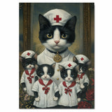 Whimsical Oil Painting of Mother Cat and Kittens in Green Outfits with Red Bows and Hearts on Beige Background for Cat Lovers on Ready to Hang 1.5" Thick Canvas Wrap, Floating Framed Canvas, Flat Rolled Canvas