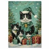 Tuxedo Cat Family in Green Holiday Outfits with Bells Surrounded by Christmas Trees and Gifts in a Snowy Festive Scene Full of Cheer
