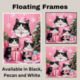 Tuxedo Cat Family in Sparkling Purple Outfits Surrounded by Christmas Trees and Gifts in a Magical Winter Wonderland Holiday Scene