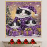 Adorable Tuxedo Cat Family in Matching Purple Pajamas and Hats with Floral Details in a Cozy Whimsical Scene Perfect for Cat Lovers