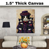 Stylish Oil Painting of Mother Texudo Cat and Kittens in Navy Heart Outfits with Red Roses and Hat on Beige Background for Cat Lovers on Ready to Hang 1.5" Thick Canvas Wrap, Floating Framed Canvas, Flat Rolled Canvas