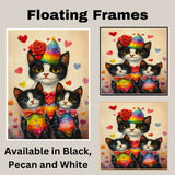 Charming Oil Painting of Mother Cat and Kittens in Floral Outfits with Hearts on Beige Background for Cat Lovers and Pet Art Fans on Ready to Hang 1.5" Thick Canvas Wrap, Floating Framed Canvas, Flat Rolled Canvas