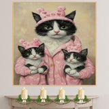 Mother Cat and Kittens in Pink Heart Pajamas Tuxedo Cat Family Artwork for Valentine's Day Decor and Cat Lovers Gifts on Ready to Hang 1.5" Thick Canvas Wrap, Floating Framed Canvas, Flat Rolled Canvas