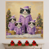 Tuxedo Cat Family in Pink Santa Outfits Surrounded by Christmas Gifts and Tree in a Whimsical Holiday Scene with Snowflakes and Festive Cheer