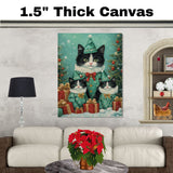 Tuxedo Cat Family in Green Holiday Outfits with Red Bows Surrounded by Christmas Trees and Gifts in a Charming Winter Festive Scene