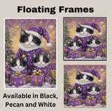 Adorable Tuxedo Cat Family in Matching Purple Pajamas and Hats with Floral Details in a Cozy Whimsical Scene Perfect for Cat Lovers