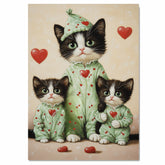 Mother Cat and Kittens in Pink Pajamas with Heart Hats and Floral Details Whimsical Black and White Tuxedo Cat Family on Ready to Hang 1.5" Thick Canvas Wrap, Floating Framed Canvas, Flat Rolled Canvas