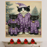Tuxedo Cat Family in Purple Snowflake Pajamas Surrounded by Christmas Trees and Gifts in a Cozy Winter Scene Full of Holiday Magic and Charm