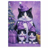 Tuxedo Cat Family in Yellow Starry Capes and Santa Hats Surrounded by Gifts and Christmas Tree in a Festive Holiday Scene Full of Cheer