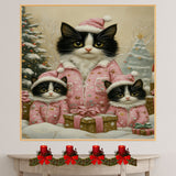 Tuxedo Cat Family in Pink Winter Pajamas and Santa Hats with Gifts and Trees in a Peaceful Snowy Christmas Scene Full of Whimsy and Warmth