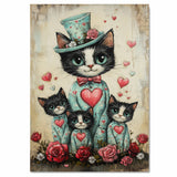 Mother Cat and Kittens in Teal Heart Outfits with Roses Whimsical Tuxedo Cat Family Artwork for Valentine's and Cat Lovers Decor on Ready to Hang 1.5" Thick Canvas Wrap, Floating Framed Canvas, Flat Rolled Canvas