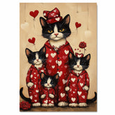 Tuxedo Cat Mother and Kittens in Red Heart Pajamas Black and White Cat Family Artwork for Cat Lovers on Ready to Hang 1.5" Thick Canvas Wrap, Floating Framed Canvas, Flat Rolled Canvas