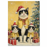 Tuxedo Cat Family in Purple Holiday Hats and Scarves with Christmas Tree and Gifts in a Magical Winter Scene Full of Cheer and Festive Sparkle