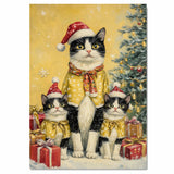Tuxedo Cat Family in Purple Holiday Hats and Scarves with Christmas Tree and Gifts in a Magical Winter Scene Full of Cheer and Festive Sparkle