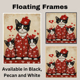 Mother Cat and Kittens in Red Outfits with Hearts Tuxedo Cat Family Artwork for Valentine's and Cat Lovers Decor on Ready to Hang 1.5" Thick Canvas Wrap, Floating Framed Canvas, Flat Rolled Canvas
