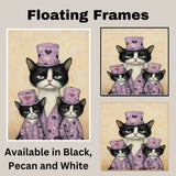 Mother Texudo Cat with Kittens in Blue Outfits Holding Hearts Vintage Style Artwork for Cat Lovers on Ready to Hang 1.5" Thick Canvas Wrap, Floating Framed Canvas, Flat Rolled Canvas