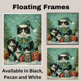 Tuxedo Cat Family in Green Holiday Outfits with Bells Surrounded by Christmas Trees and Gifts in a Snowy Festive Scene Full of Cheer
