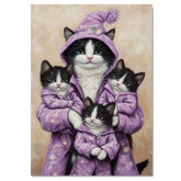 Mother Cat and Kittens in Purple Heart Pajamas Whimsical Tuxedo Cat Family Artwork for Cozy Decor and Cat Lovers Gift Ideas on Ready to Hang 1.5" Thick Canvas Wrap, Floating Framed Canvas, Flat Rolled Canvas