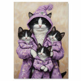 Mother Cat and Kittens in Purple Heart Pajamas Whimsical Tuxedo Cat Family Artwork for Cozy Decor and Cat Lovers Gift Ideas on Ready to Hang 1.5" Thick Canvas Wrap, Floating Framed Canvas, Flat Rolled Canvas