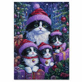 Tuxedo Cat Family in Red and Purple Santa Hats Surrounded by Gifts and Christmas Trees in a Vibrant Holiday Scene Full of Festive Lights and Cheer