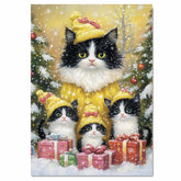 Tuxedo Cat Family in Yellow Winter Hats Surrounded by Snow, Christmas Trees, and Colorful Gifts in a Whimsical Holiday Wonderland Scene