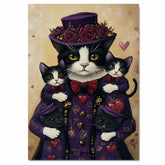 Stylish Oil Painting of Mother Texudo Cat and Kittens in Navy Heart Outfits with Red Roses and Hat on Beige Background for Cat Lovers on Ready to Hang 1.5" Thick Canvas Wrap, Floating Framed Canvas, Flat Rolled Canvas
