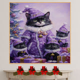 Tuxedo Cat Family in Elegant Purple Coats and Hats Surrounded by Christmas Gifts and Tree in a Magical Snowy Holiday Scene with Festive Sparkle