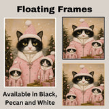 Tuxedo Cat Family in Blue Snowflake Outfits with Presents and Snowy Trees in a Magical Winter Scene Filled with Christmas Cheer and Charm