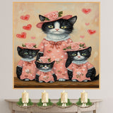 Sweet Oil Painting of Mother Texudo Cat and Sleeping Kittens in Pink Pajamas with Hearts and Roses on Soft Beige Background for Cat Lovers on Ready to Hang 1.5" Thick Canvas Wrap, Floating Framed Canvas, Flat Rolled Canvas