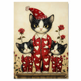 Mother Cat and Kittens in Red Heart Pajamas Tuxedo Cats with Roses Whimsical Vintage Style Artwork for Cat Lovers on Ready to Hang 1.5" Thick Canvas Wrap, Floating Framed Canvas, Flat Rolled Canvas