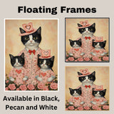 Mother Cat and Kittens in Pink Floral Outfits with Roses Whimsical Tuxedo Cat Family Artwork for Cat Lovers and Cozy Decor on Ready to Hang 1.5" Thick Canvas Wrap, Floating Framed Canvas, Flat Rolled Canvas