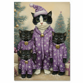 Tuxedo Cat Family in Purple Snowflake Pajamas Surrounded by Christmas Trees and Gifts in a Cozy Winter Scene Full of Holiday Magic and Charm