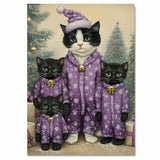 Tuxedo Cat Family in Purple Snowflake Pajamas Surrounded by Christmas Trees and Gifts in a Cozy Winter Scene Full of Holiday Magic and Charm