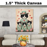Mother Tuxedo Cat and Kittens in Matching Pajamas Black and White Cat Family Portrait with Hearts on Ready to Hang 1.5" Thick Canvas Wrap, Floating Framed Canvas, Flat Rolled Canvas