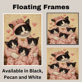 Texudo Cat Oil Painting of Mother Cat and Three Kittens in Matching Yellow Pajamas with Hearts on Blue Background on Ready to Hang 1.5" Thick Canvas Wrap, Floating Framed Canvas, Flat Rolled Canvas