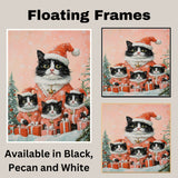 Tuxedo Cat Family in Red Santa Outfits Surrounded by Gifts and Snowy Trees in a Whimsical Christmas Scene with Festive Background