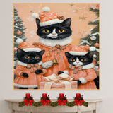 Tuxedo Cat Family in Orange Santa Outfits Holding Bells Surrounded by Holiday Trees and Gifts in a Cozy Christmas Scene with Warm Winter Tones