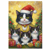 Tuxedo Cat Family in Golden Holiday Outfits and Santa Hat Surrounded by Christmas Gifts and Trees in a Warm Festive Snowflake Scene