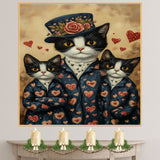 Oil Painting of Mother Texudo Cat and Kittens in Yellow Heart Dresses with Matching Hats and Bows on Soft Peach Background on Ready to Hang 1.5" Thick Canvas Wrap, Floating Framed Canvas, Flat Rolled Canvas