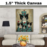 Mother Cat and Kittens in Teal Heart Outfits Charming Tuxedo Cat Family Artwork Whimsical Vintage Style for Cat Lovers on Ready to Hang 1.5" Thick Canvas Wrap, Floating Framed Canvas, Flat Rolled Canvas