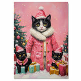 Tuxedo Cat Family in Pink Fur-Trimmed Coats and Santa Hats with Christmas Gifts and Trees in a Playful Holiday Scene with Snow and Cheer