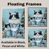 Tuxedo Cat Family in Purple Santa Outfits with Holiday Gifts and Tree Under a Starry Sky in a Magical Christmas Scene Full of Festive Wonder