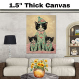 Sweet Oil Painting of Mother Texudo Cat and Kittens in Pink Heart Pajamas with Beanies on Soft Beige Background for Cat Lovers and Nursery Decor on Ready to Hang 1.5" Thick Canvas Wrap, Floating Framed Canvas, Flat Rolled Canvas